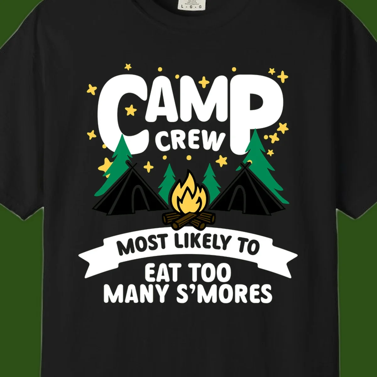 Camp crew s'mores superlative design with campfire, teepees, and stars on gray background