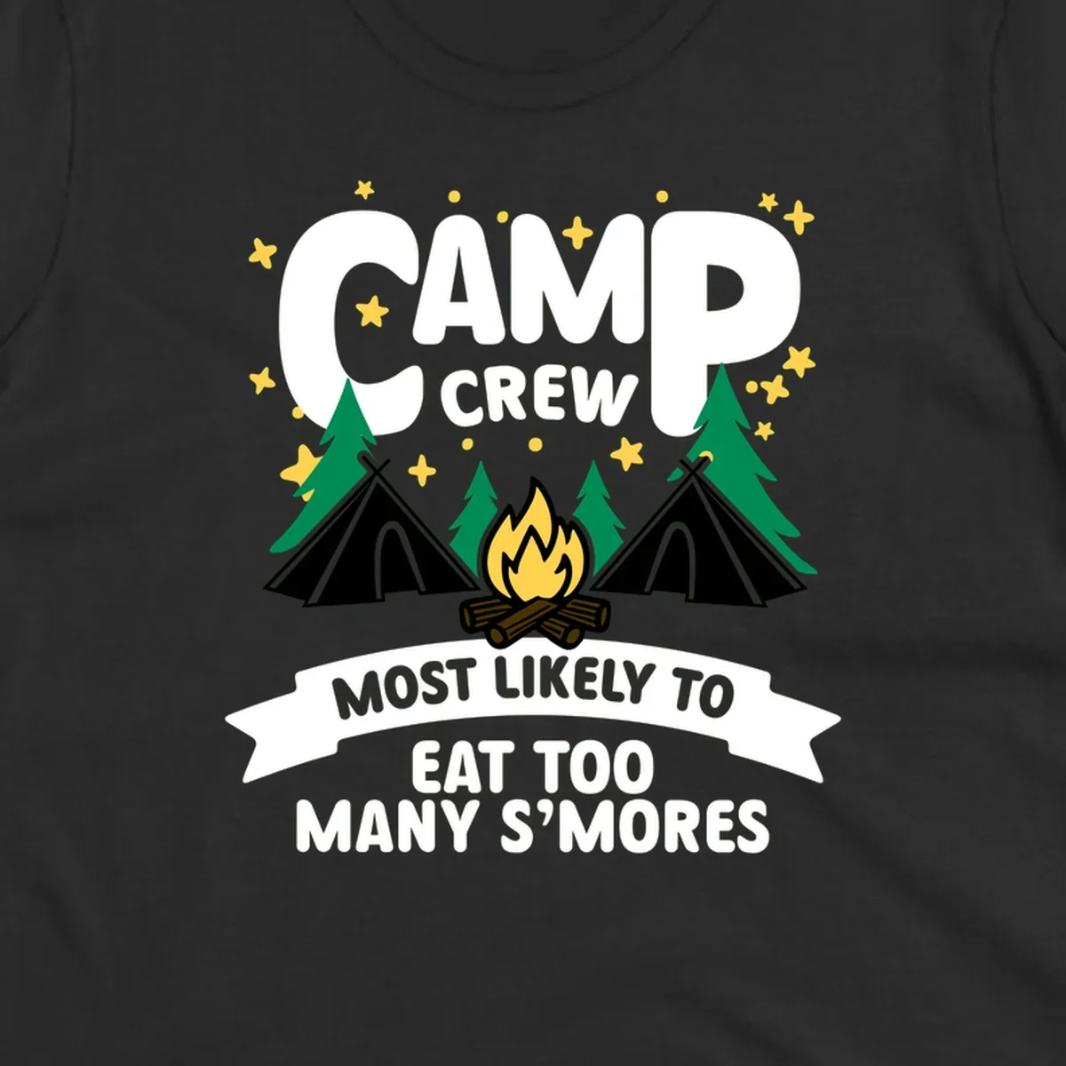 Camp crew s'mores superlative design with campfire, teepees, and stars on gray background