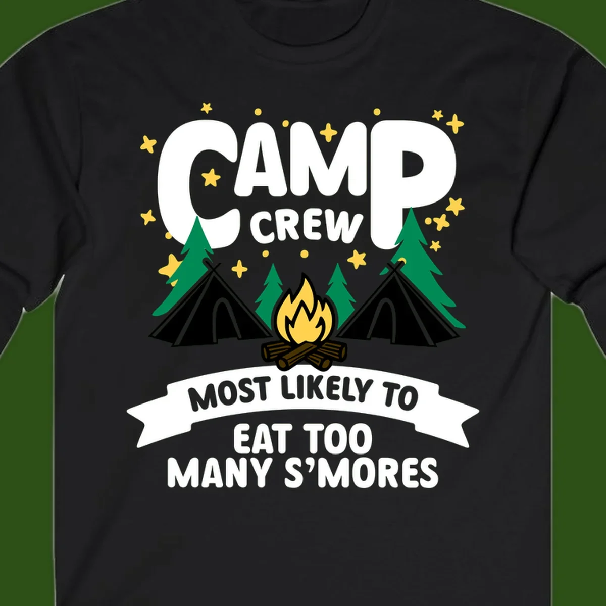 Camp crew s'mores superlative design with campfire, teepees, and stars on gray background