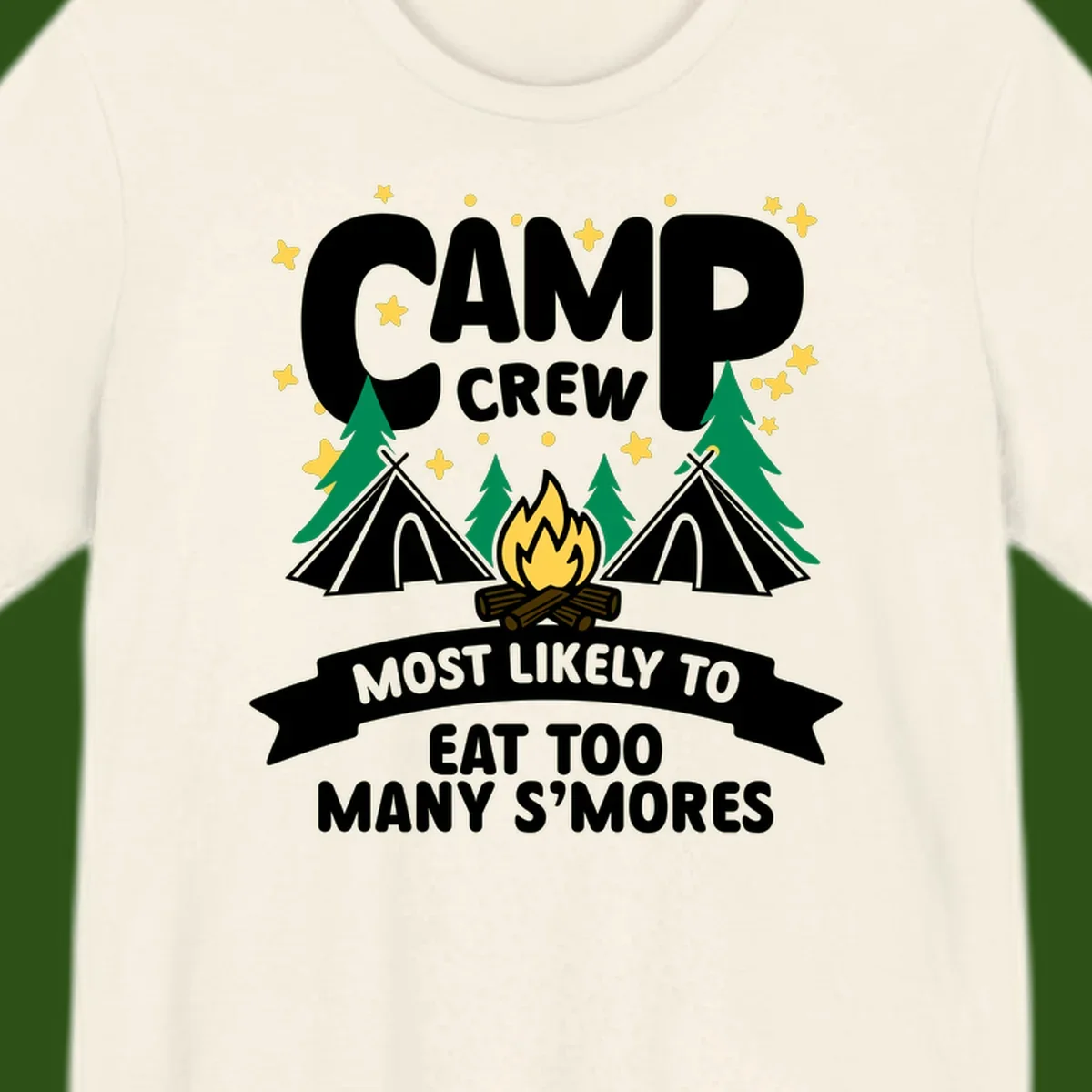 Camp crew s'mores superlative design with campfire, teepees, and stars on gray background