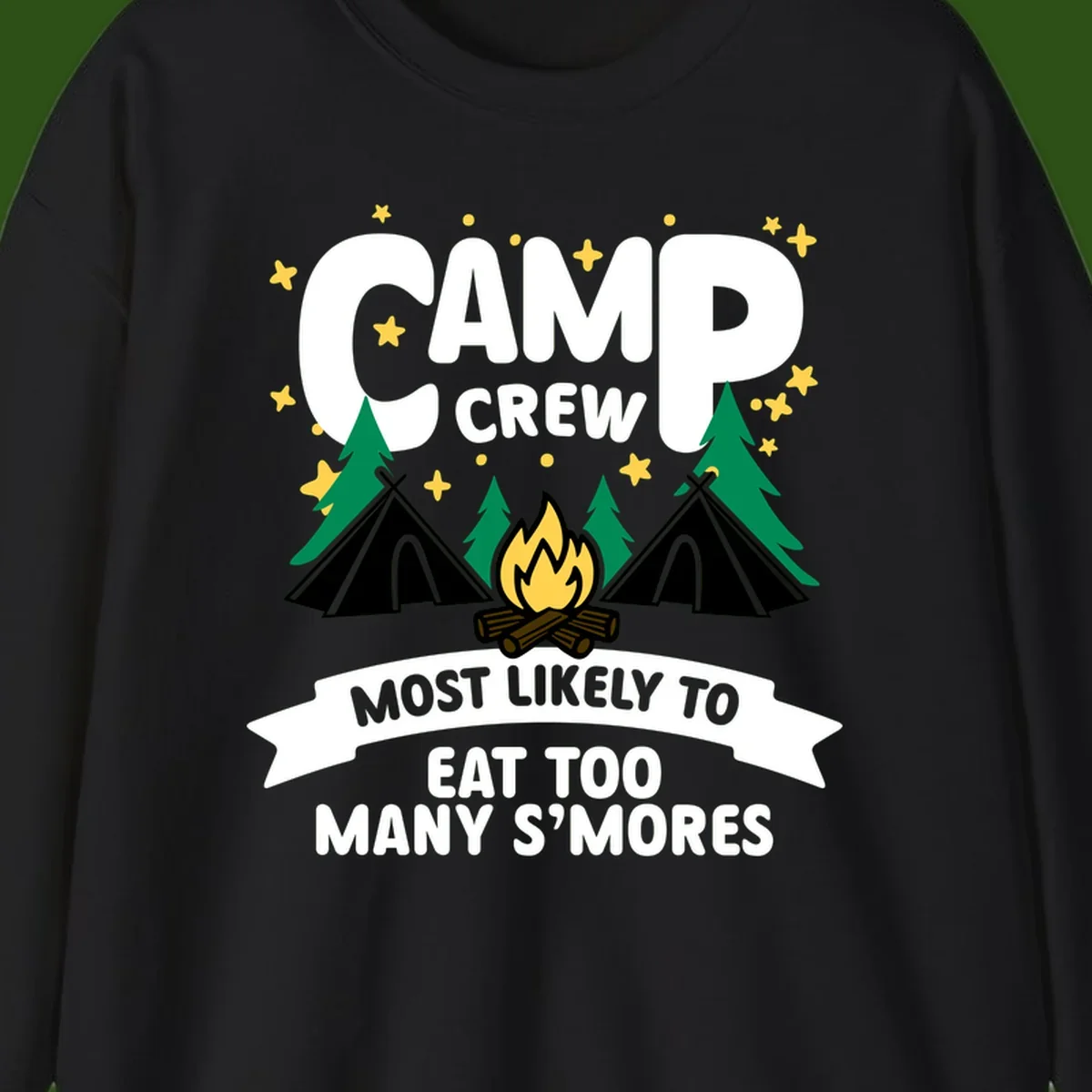 Camp crew s'mores superlative design with campfire, teepees, and stars on gray background