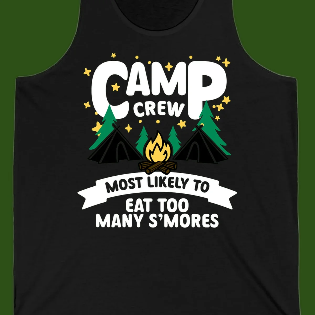 Camp crew s'mores superlative design with campfire, teepees, and stars on gray background