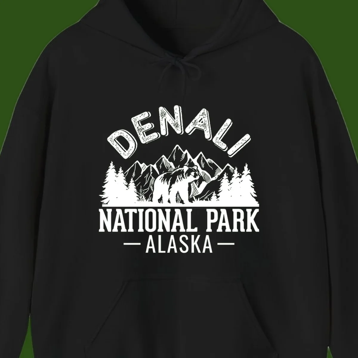 Denali National Park bear design with mountains, evergreen trees, and distressed white text on gray background
