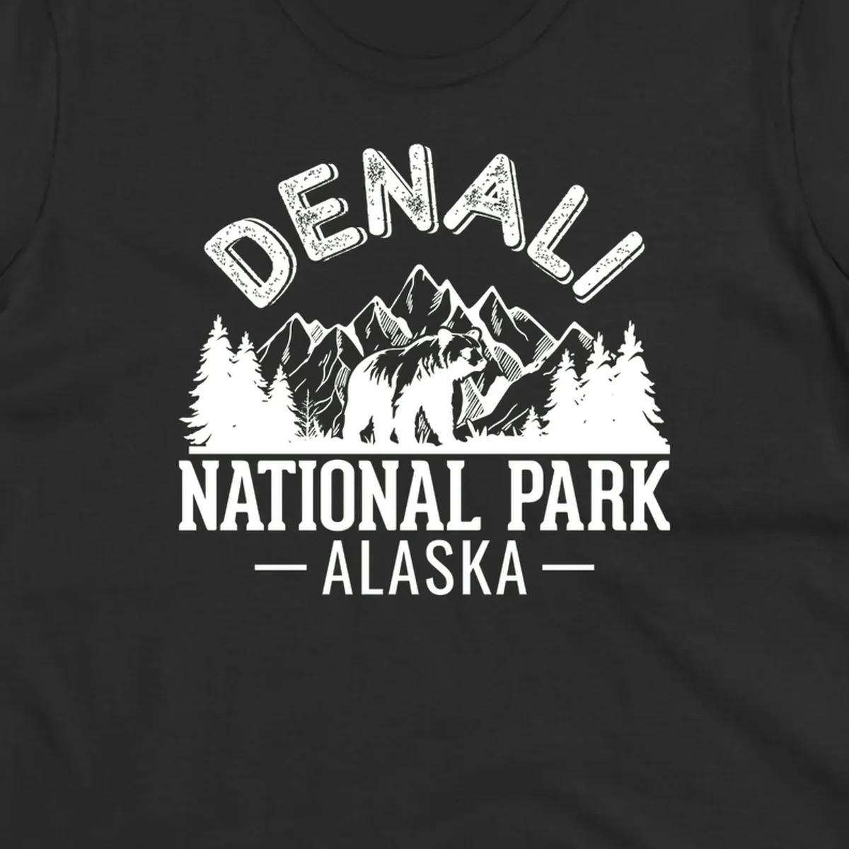 Denali National Park bear design with mountains, evergreen trees, and distressed white text on gray background