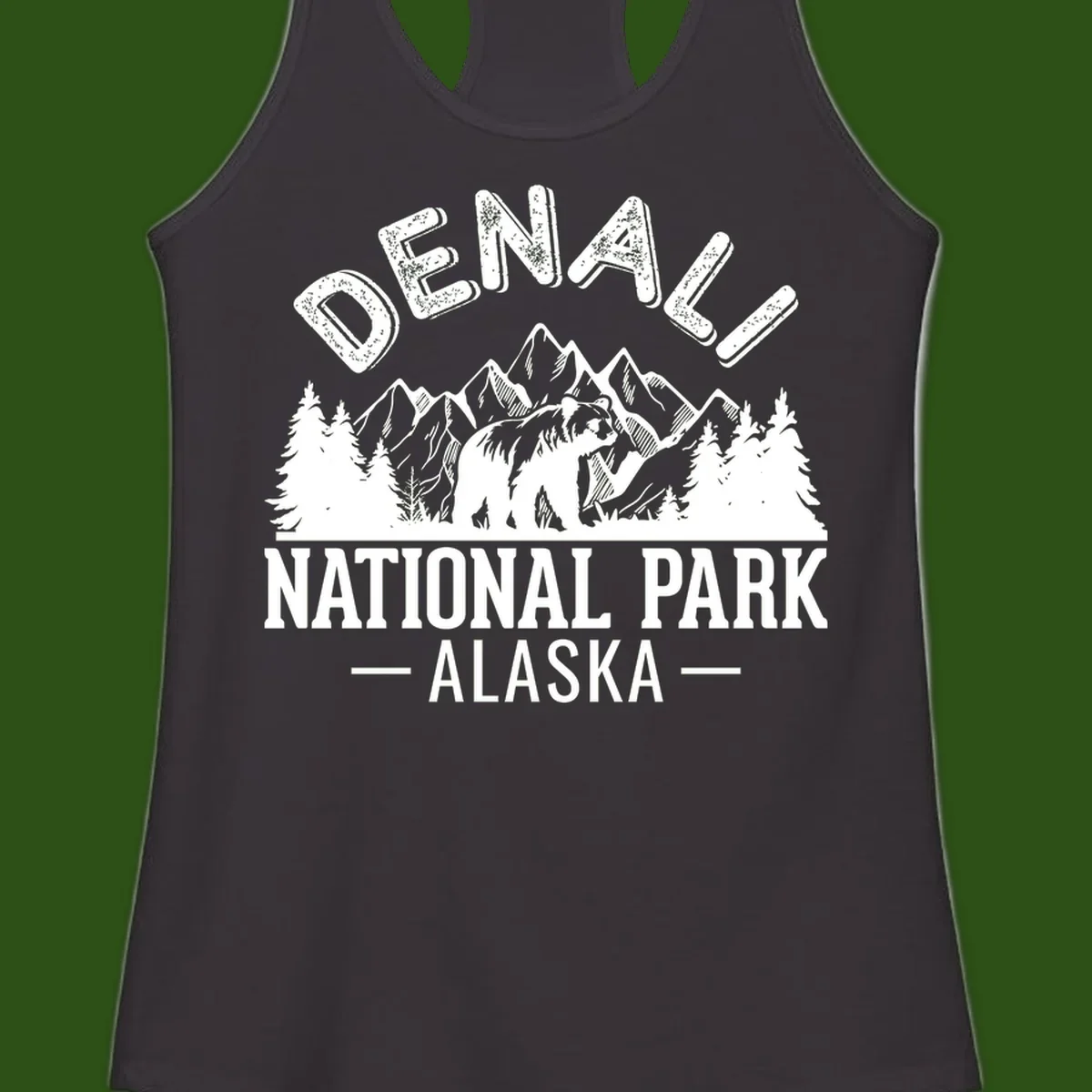 Denali National Park bear design with mountains, evergreen trees, and distressed white text on gray background