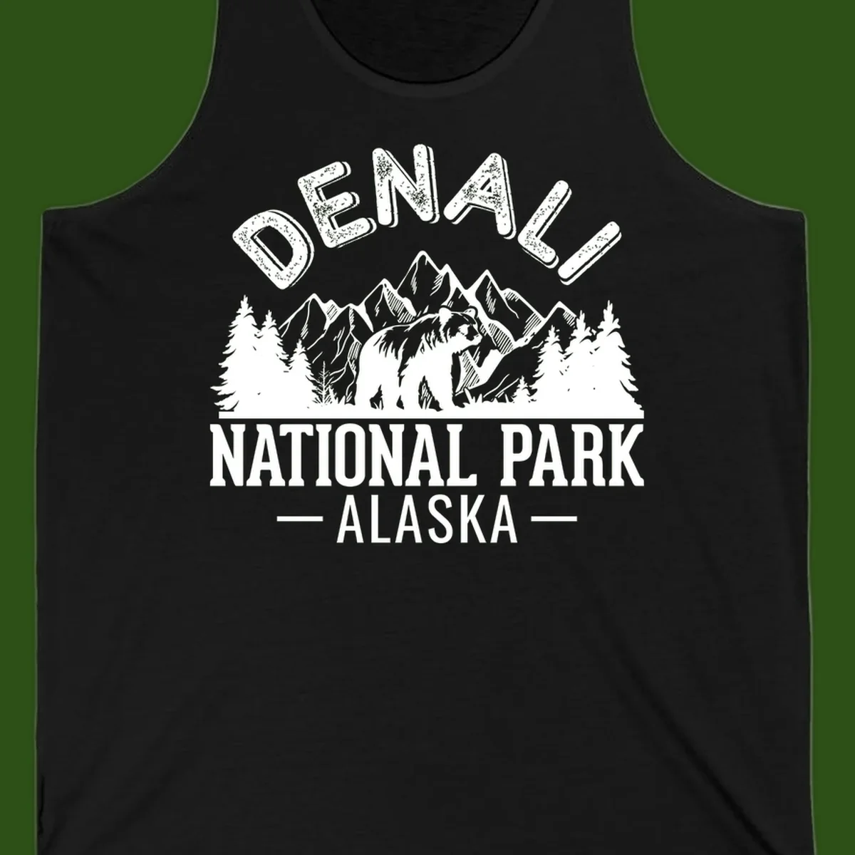 Denali National Park bear design with mountains, evergreen trees, and distressed white text on gray background