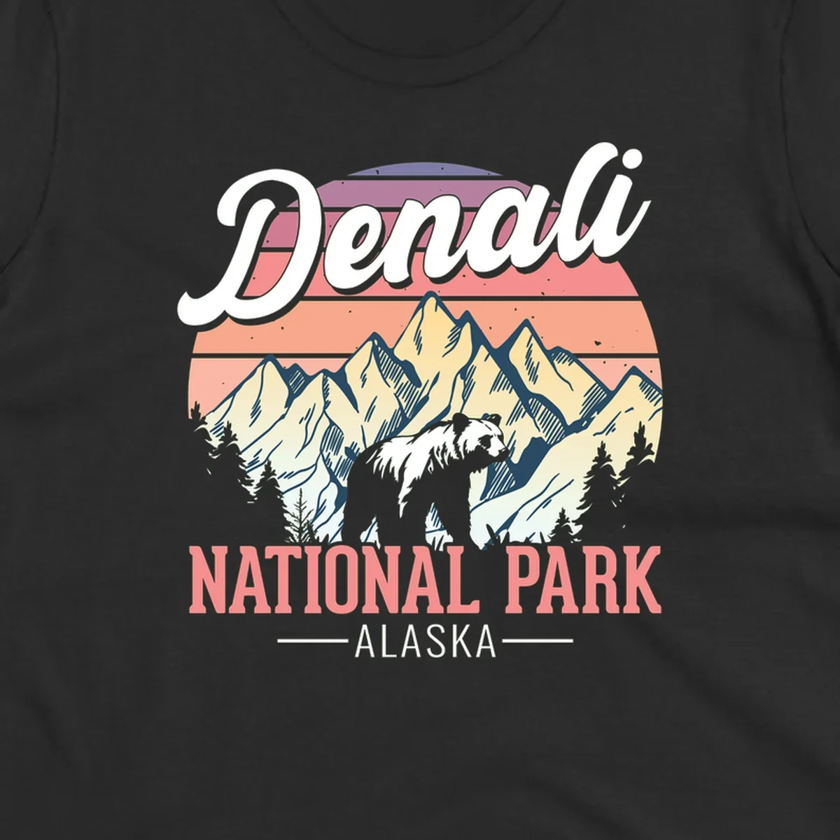 Vintage-style Denali National Park illustration featuring a bear in snowy mountains with retro sunset stripes and evergreen trees