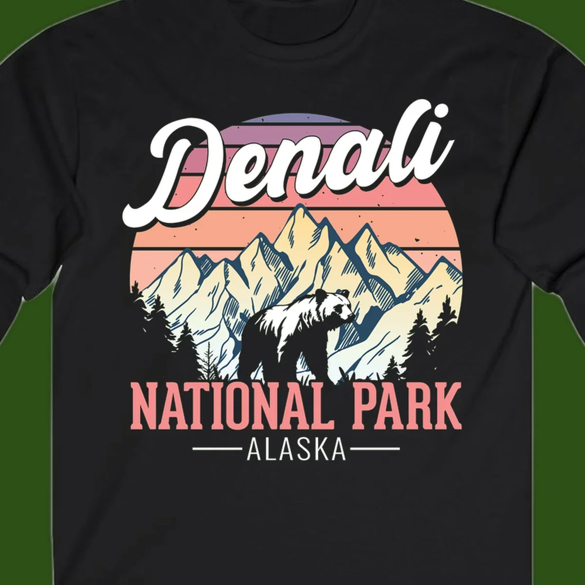 Vintage-style Denali National Park illustration featuring a bear in snowy mountains with retro sunset stripes and evergreen trees