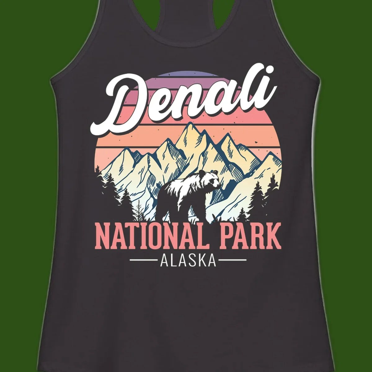 Vintage-style Denali National Park illustration featuring a bear in snowy mountains with retro sunset stripes and evergreen trees