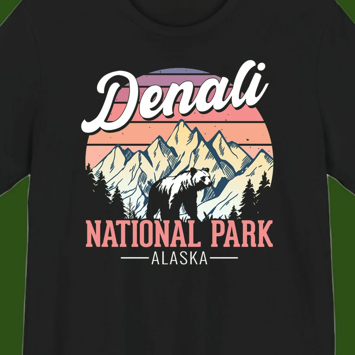 Vintage-style Denali National Park illustration featuring a bear in snowy mountains with retro sunset stripes and evergreen trees