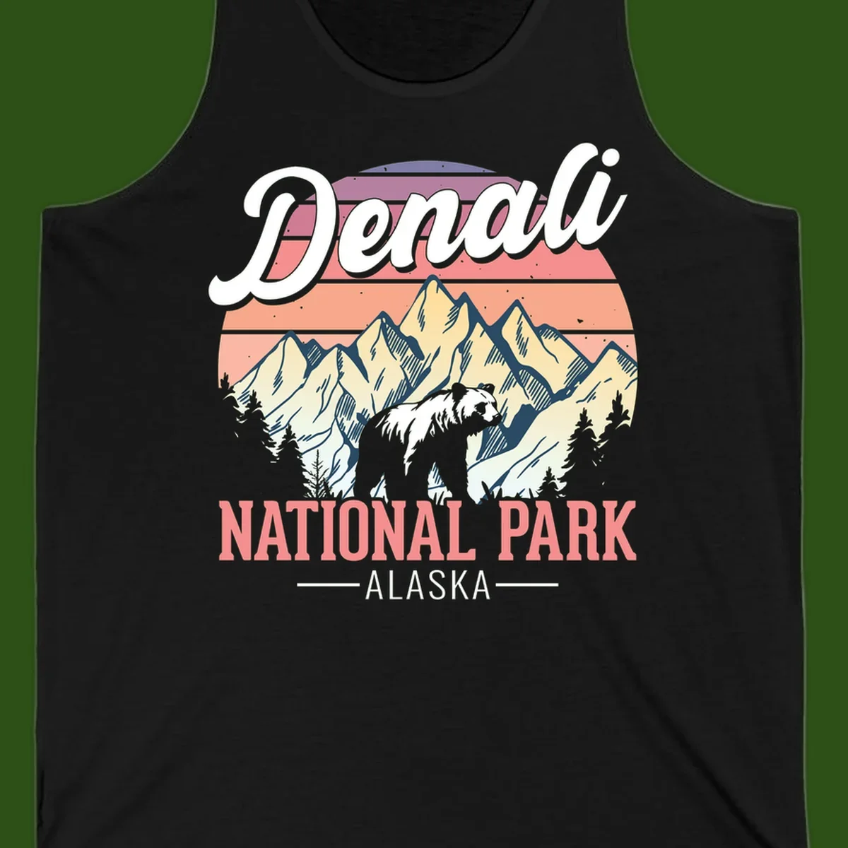 Vintage-style Denali National Park illustration featuring a bear in snowy mountains with retro sunset stripes and evergreen trees