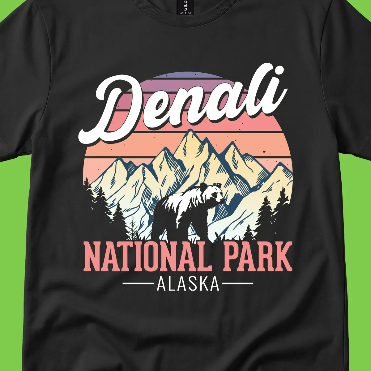 Vintage-style Denali National Park illustration featuring a bear in snowy mountains with retro sunset stripes and evergreen trees