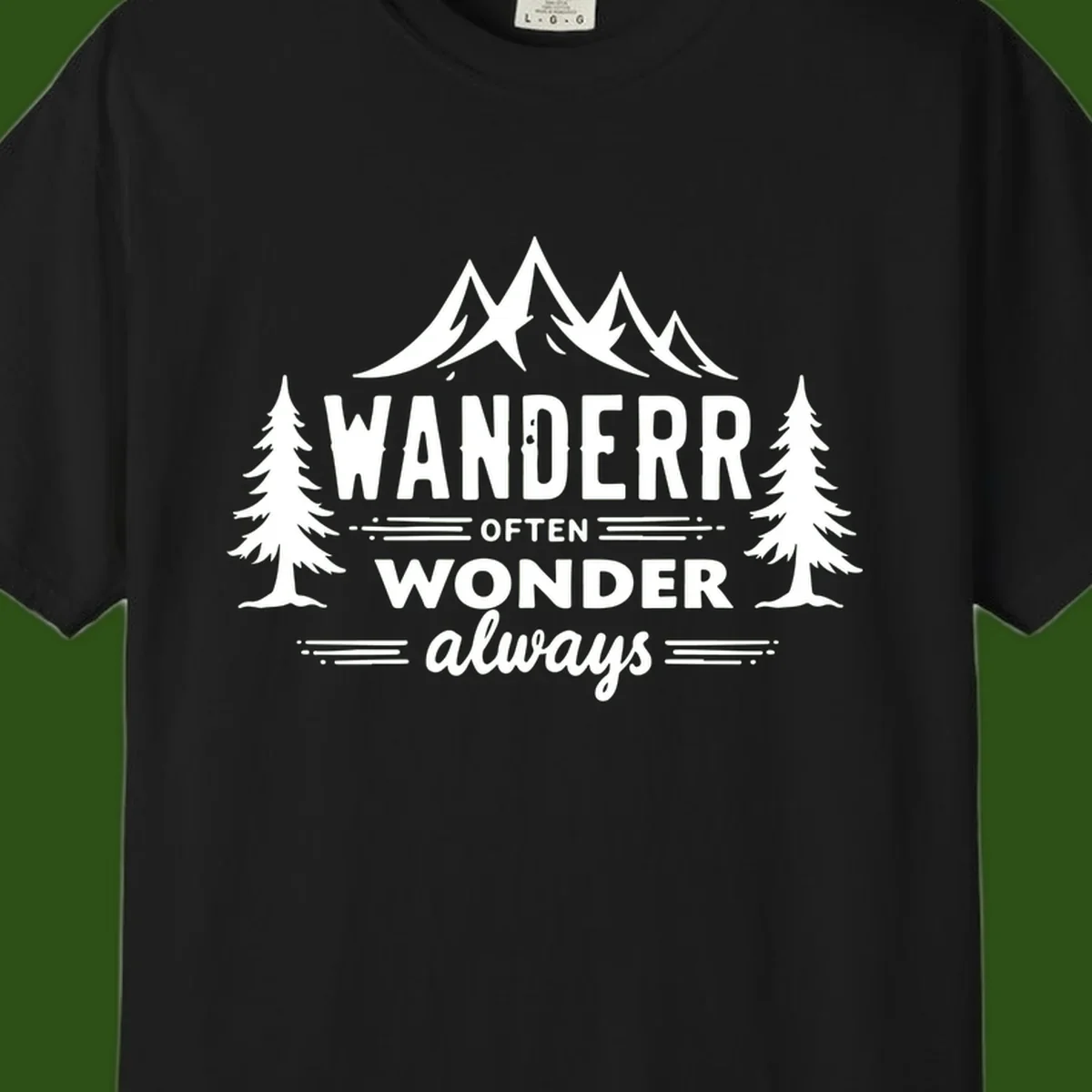 White illustration of snow-capped mountains and pine trees with text reading 'Wander Often Wonder Always' on gray background