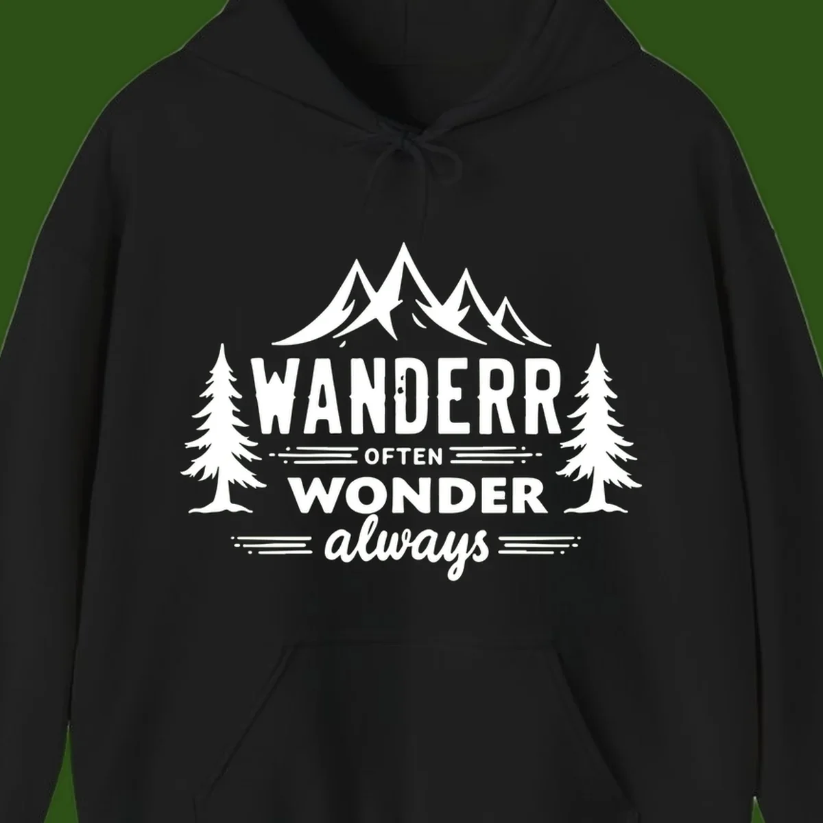 White illustration of snow-capped mountains and pine trees with text reading 'Wander Often Wonder Always' on gray background