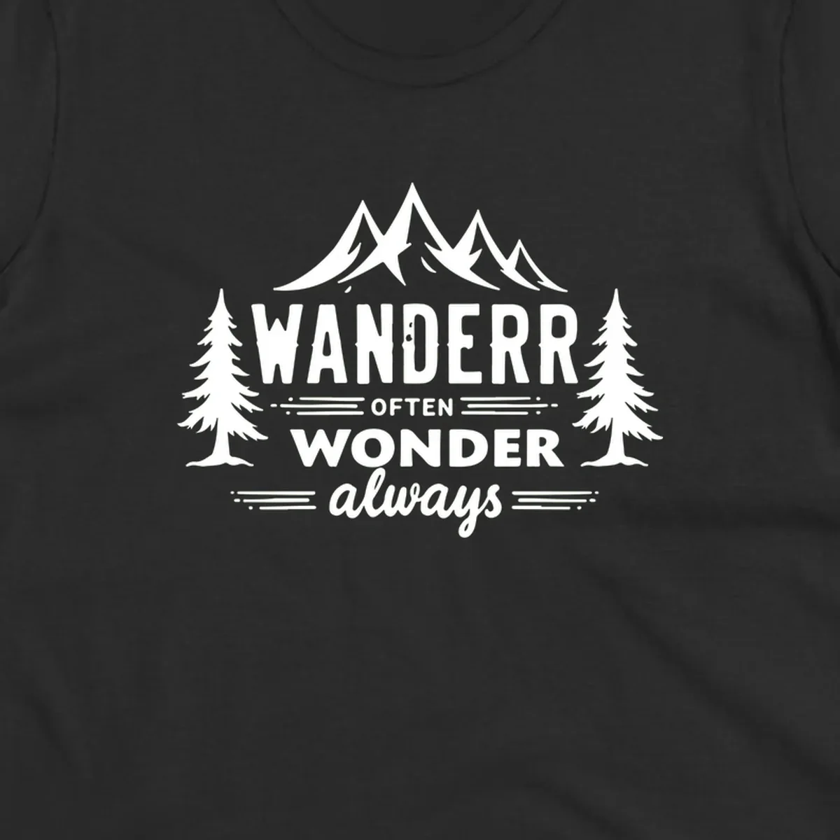 White illustration of snow-capped mountains and pine trees with text reading 'Wander Often Wonder Always' on gray background
