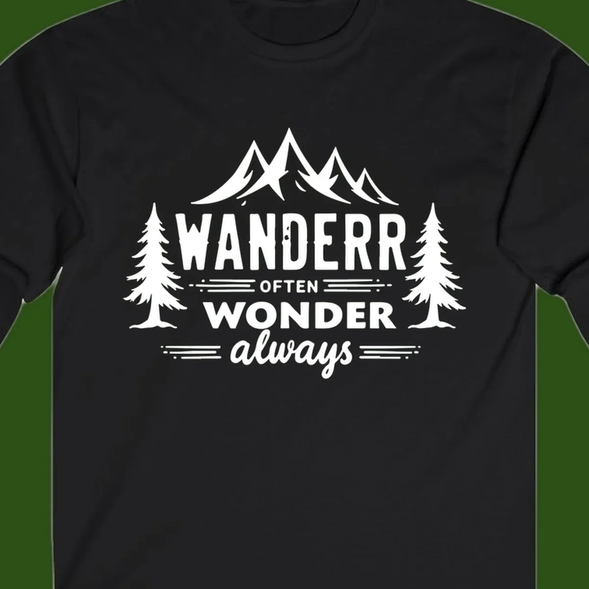 White illustration of snow-capped mountains and pine trees with text reading 'Wander Often Wonder Always' on gray background