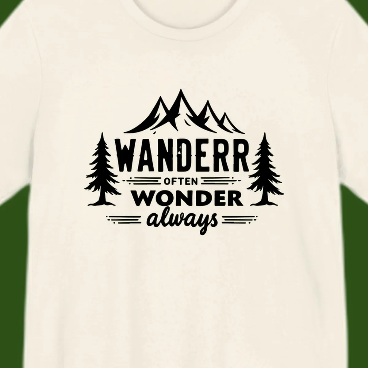 White illustration of snow-capped mountains and pine trees with text reading 'Wander Often Wonder Always' on gray background