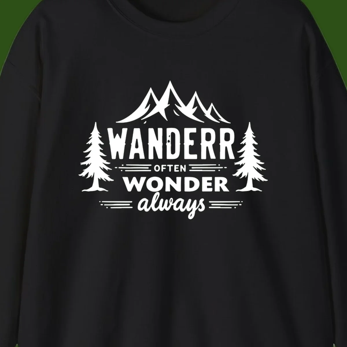 White illustration of snow-capped mountains and pine trees with text reading 'Wander Often Wonder Always' on gray background