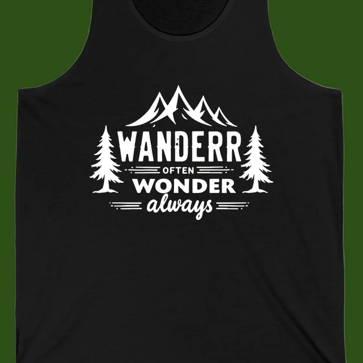 White illustration of snow-capped mountains and pine trees with text reading 'Wander Often Wonder Always' on gray background