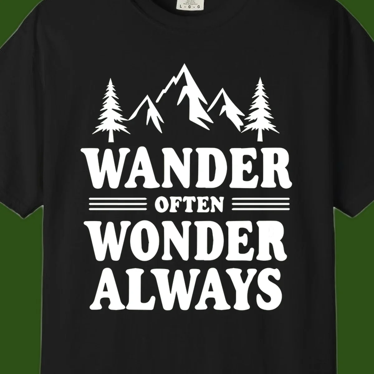 White mountain and evergreen tree illustration with 'Wander Often Wonder Always' text on gray background