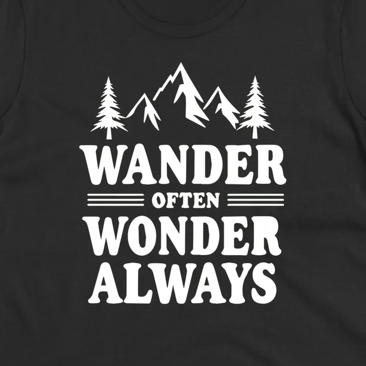 White mountain and evergreen tree illustration with 'Wander Often Wonder Always' text on gray background