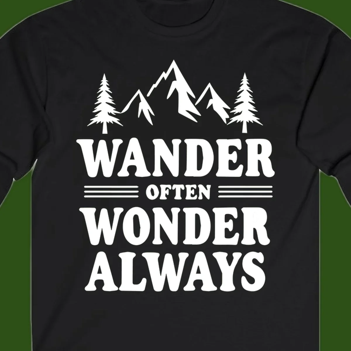White mountain and evergreen tree illustration with 'Wander Often Wonder Always' text on gray background