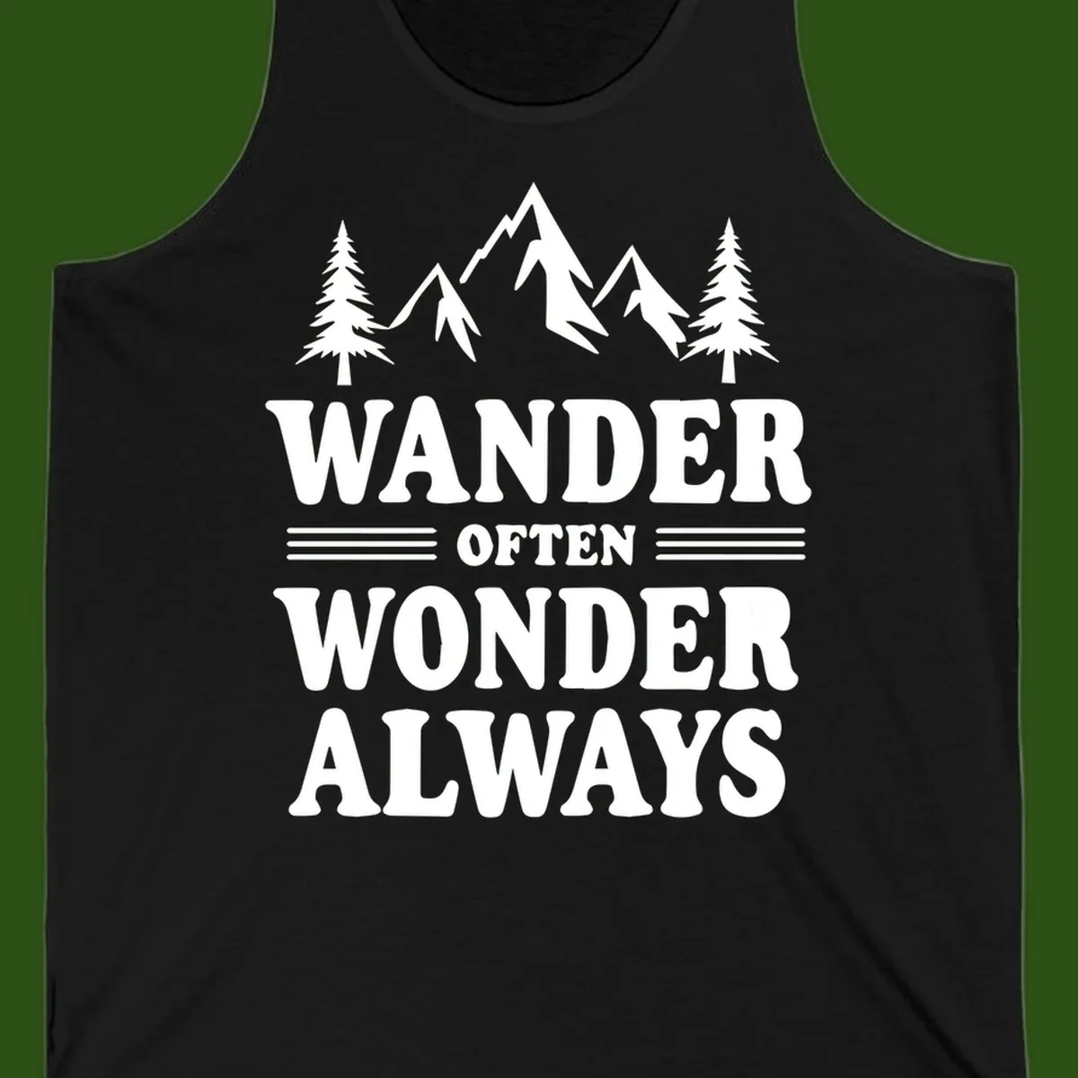 White mountain and evergreen tree illustration with 'Wander Often Wonder Always' text on gray background