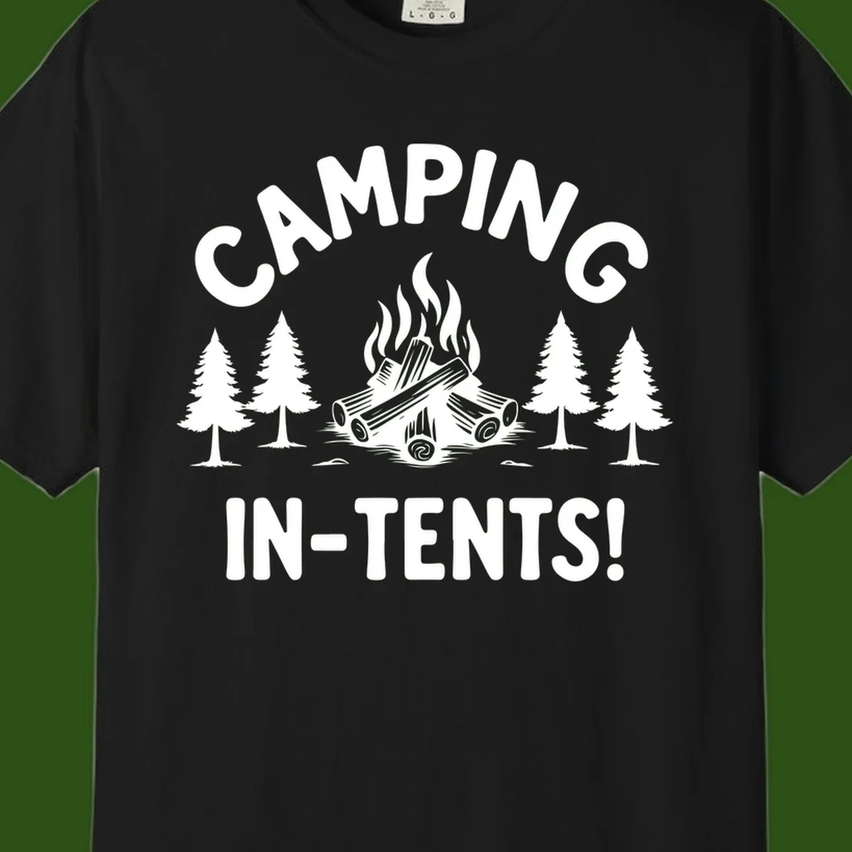 Camping in tents pun design with campfire, logs, and evergreen trees on gray background