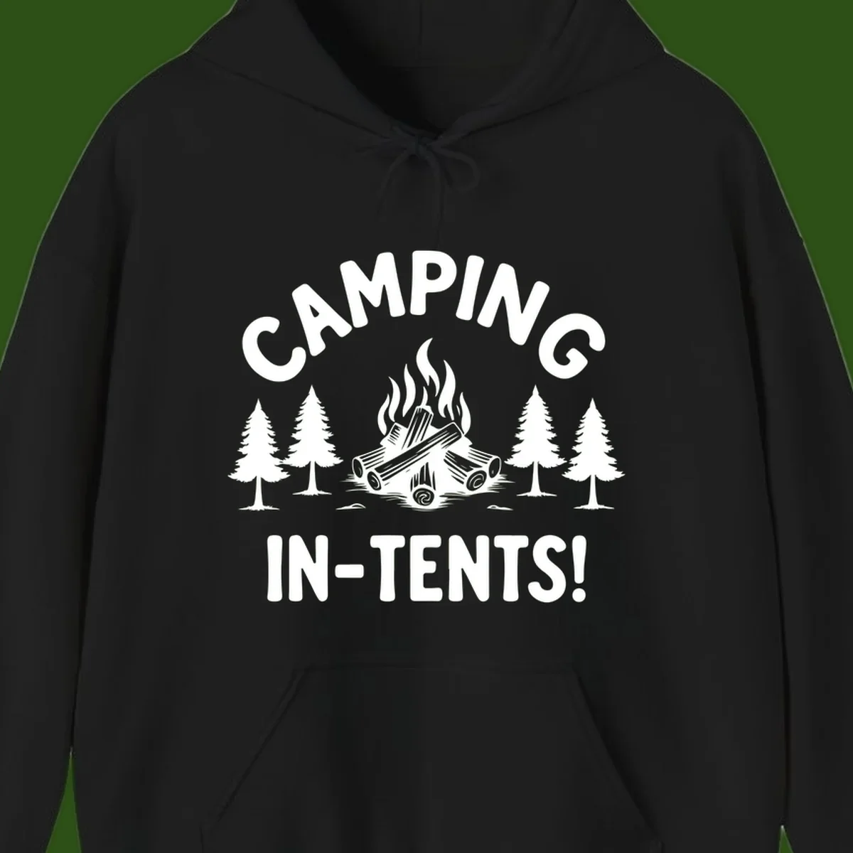 Camping in tents pun design with campfire, logs, and evergreen trees on gray background