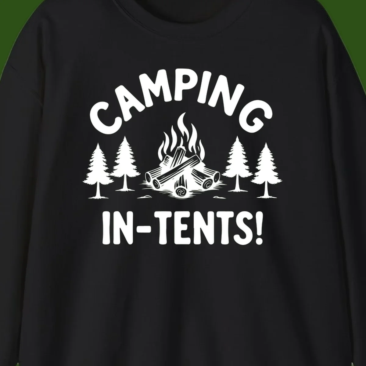 Camping in tents pun design with campfire, logs, and evergreen trees on gray background