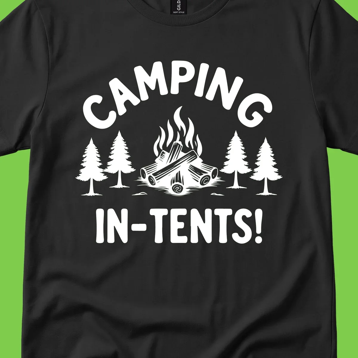 Camping in tents pun design with campfire, logs, and evergreen trees on gray background