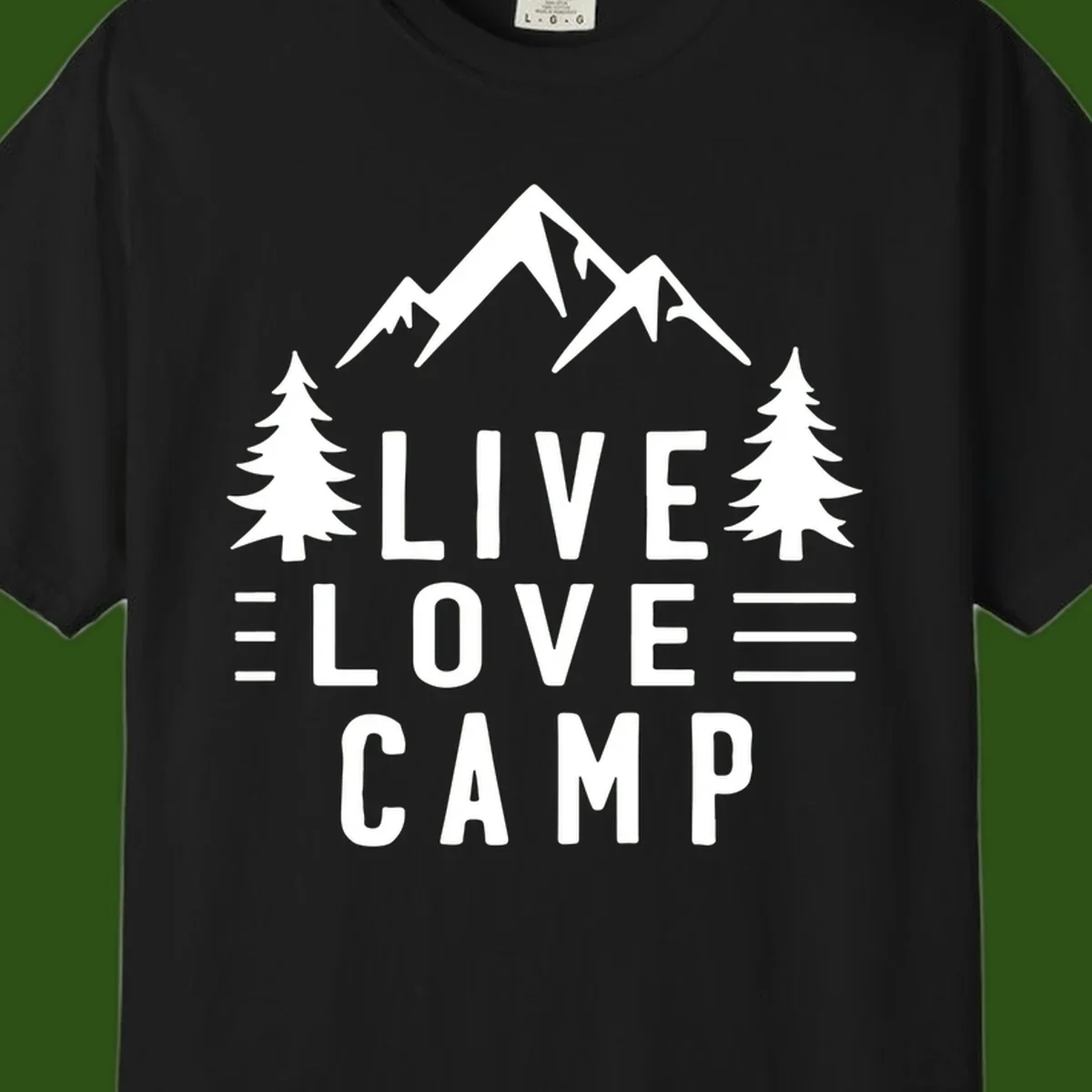 Live love camp design with snow-capped mountains, evergreen trees, and stacked text on gray background