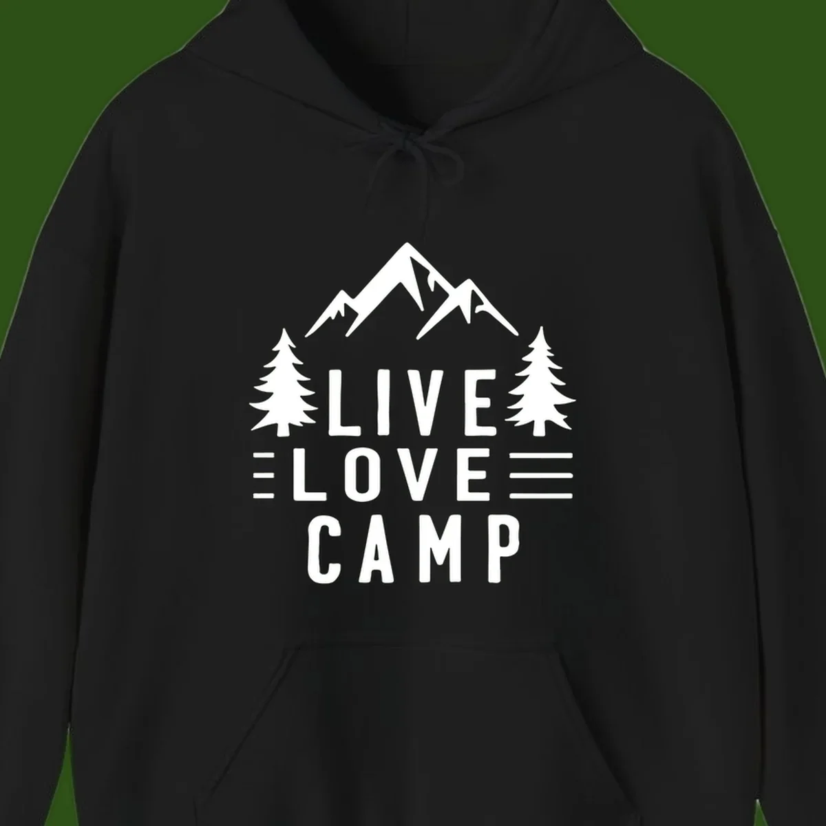 Live love camp design with snow-capped mountains, evergreen trees, and stacked text on gray background