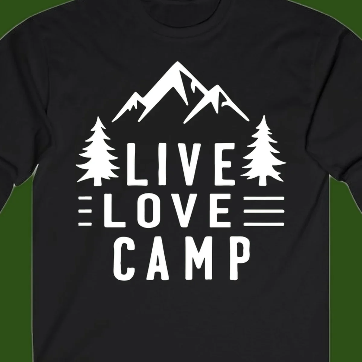 Live love camp design with snow-capped mountains, evergreen trees, and stacked text on gray background