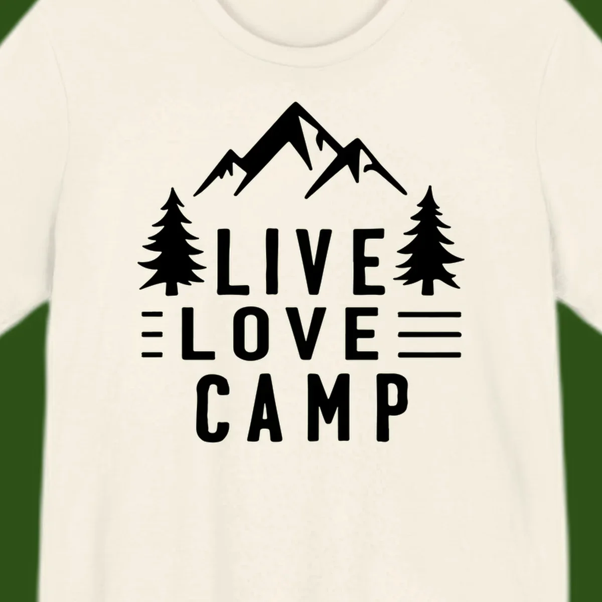 Live love camp design with snow-capped mountains, evergreen trees, and stacked text on gray background