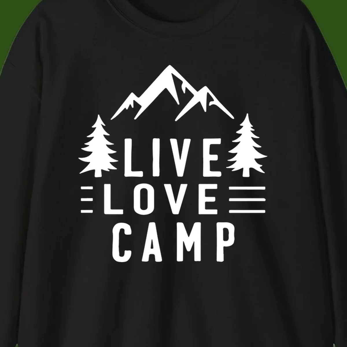 Live love camp design with snow-capped mountains, evergreen trees, and stacked text on gray background