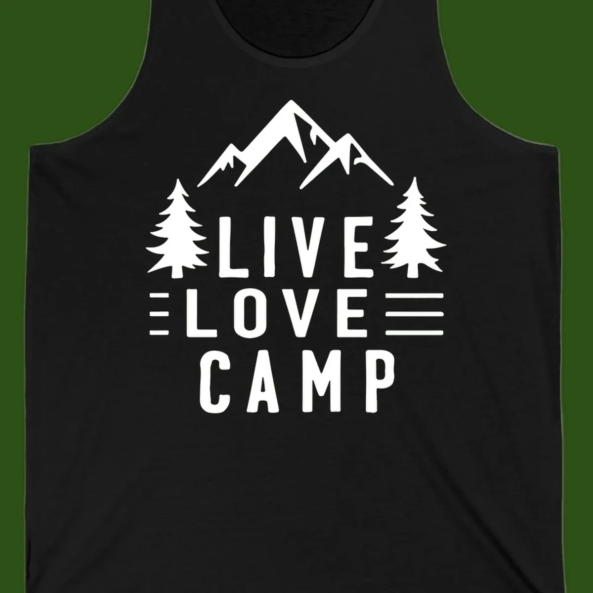 Live love camp design with snow-capped mountains, evergreen trees, and stacked text on gray background