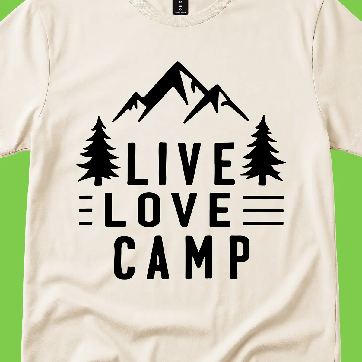 Live love camp design with snow-capped mountains, evergreen trees, and stacked text on gray background
