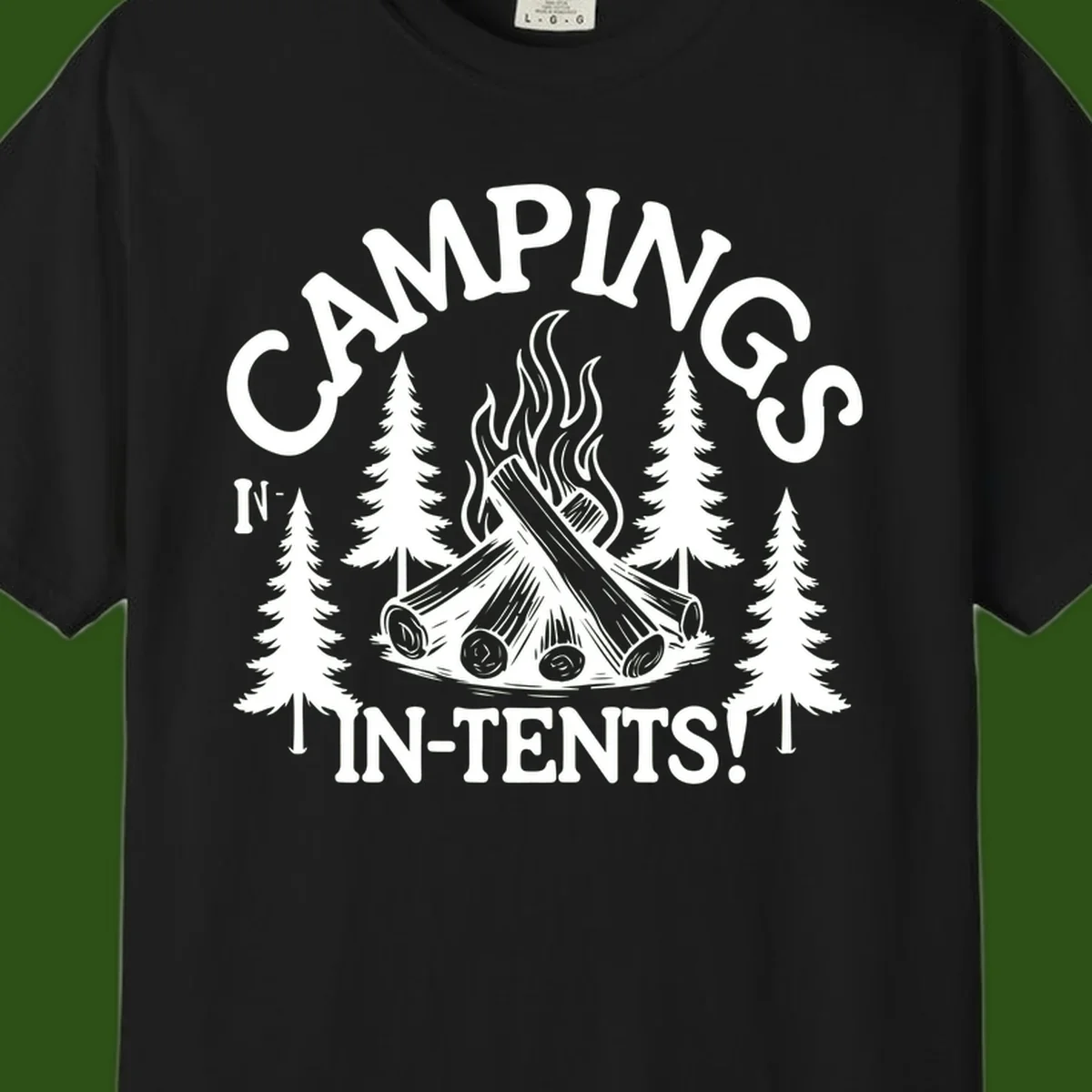 Camping in tents pun design with campfire, logs, flames, and evergreen trees in white on gray background