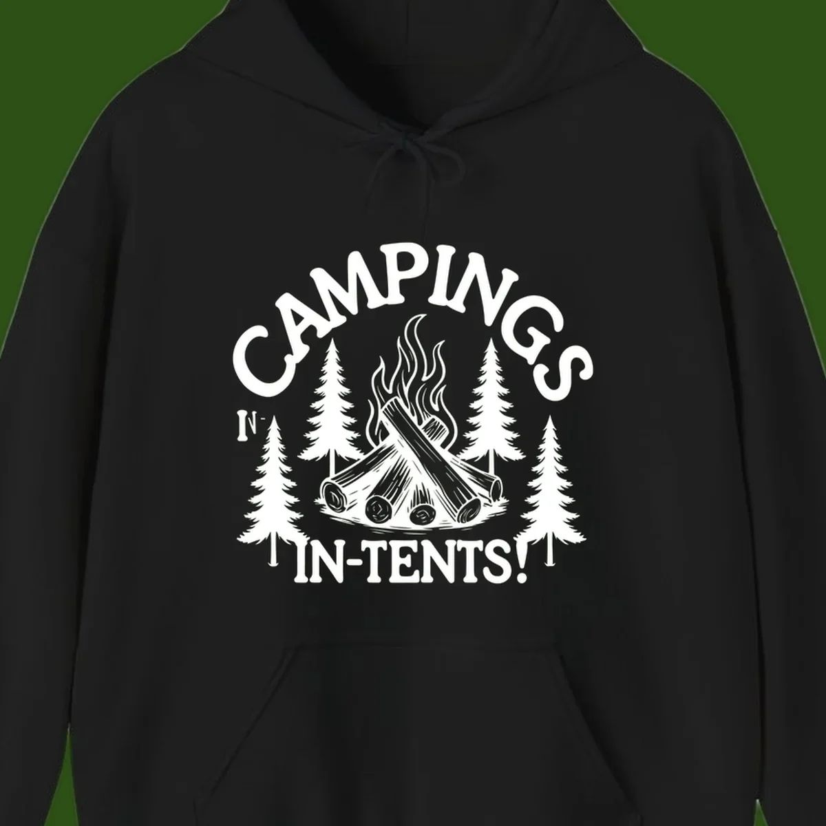 Camping in tents pun design with campfire, logs, flames, and evergreen trees in white on gray background