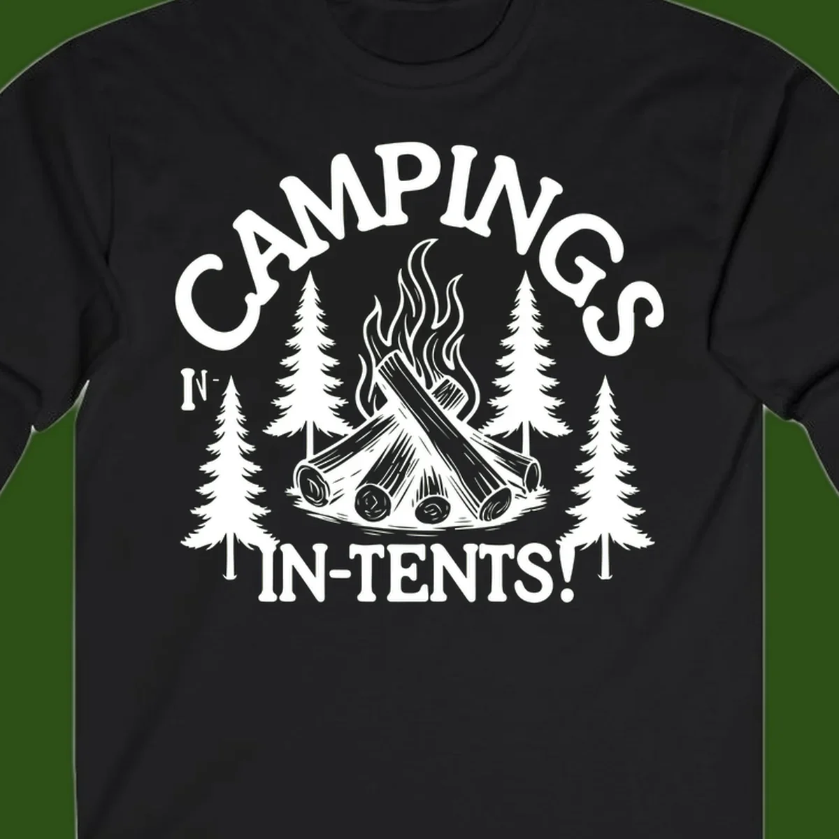 Camping in tents pun design with campfire, logs, flames, and evergreen trees in white on gray background