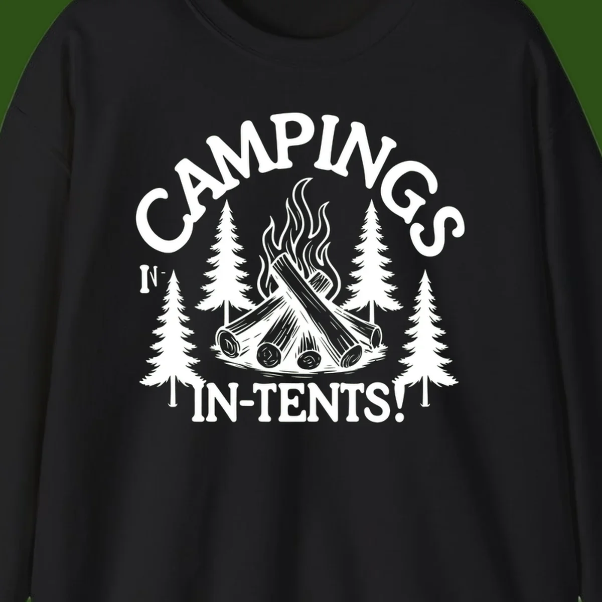 Camping in tents pun design with campfire, logs, flames, and evergreen trees in white on gray background