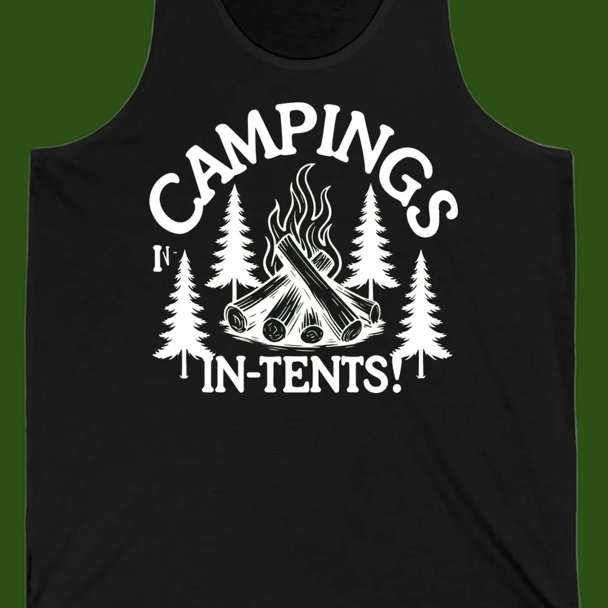 Camping in tents pun design with campfire, logs, flames, and evergreen trees in white on gray background