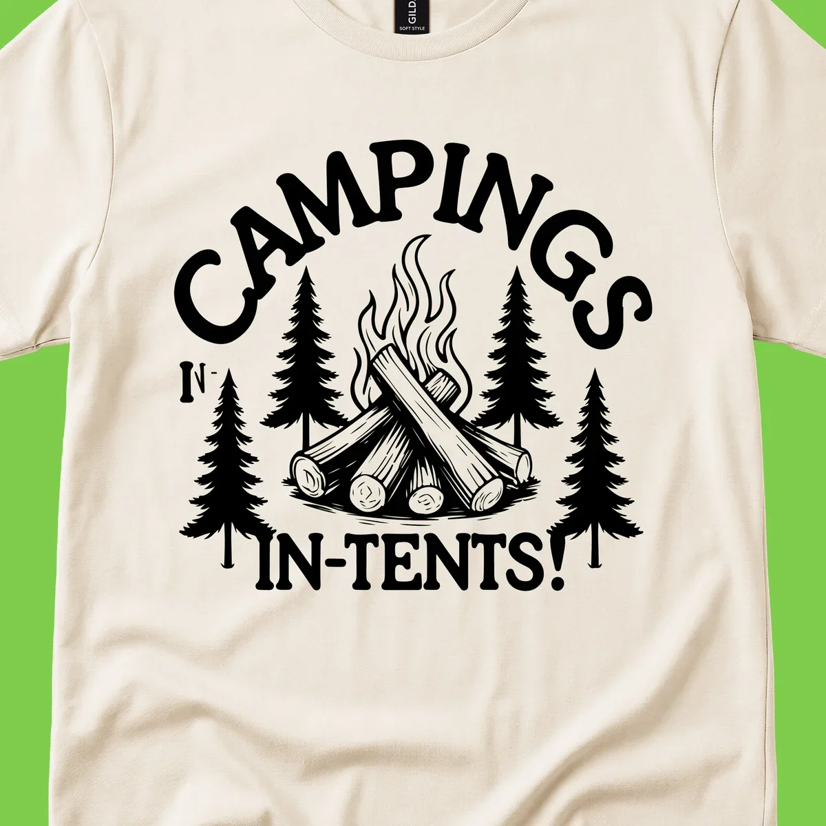 Camping in tents pun design with campfire, logs, flames, and evergreen trees in white on gray background
