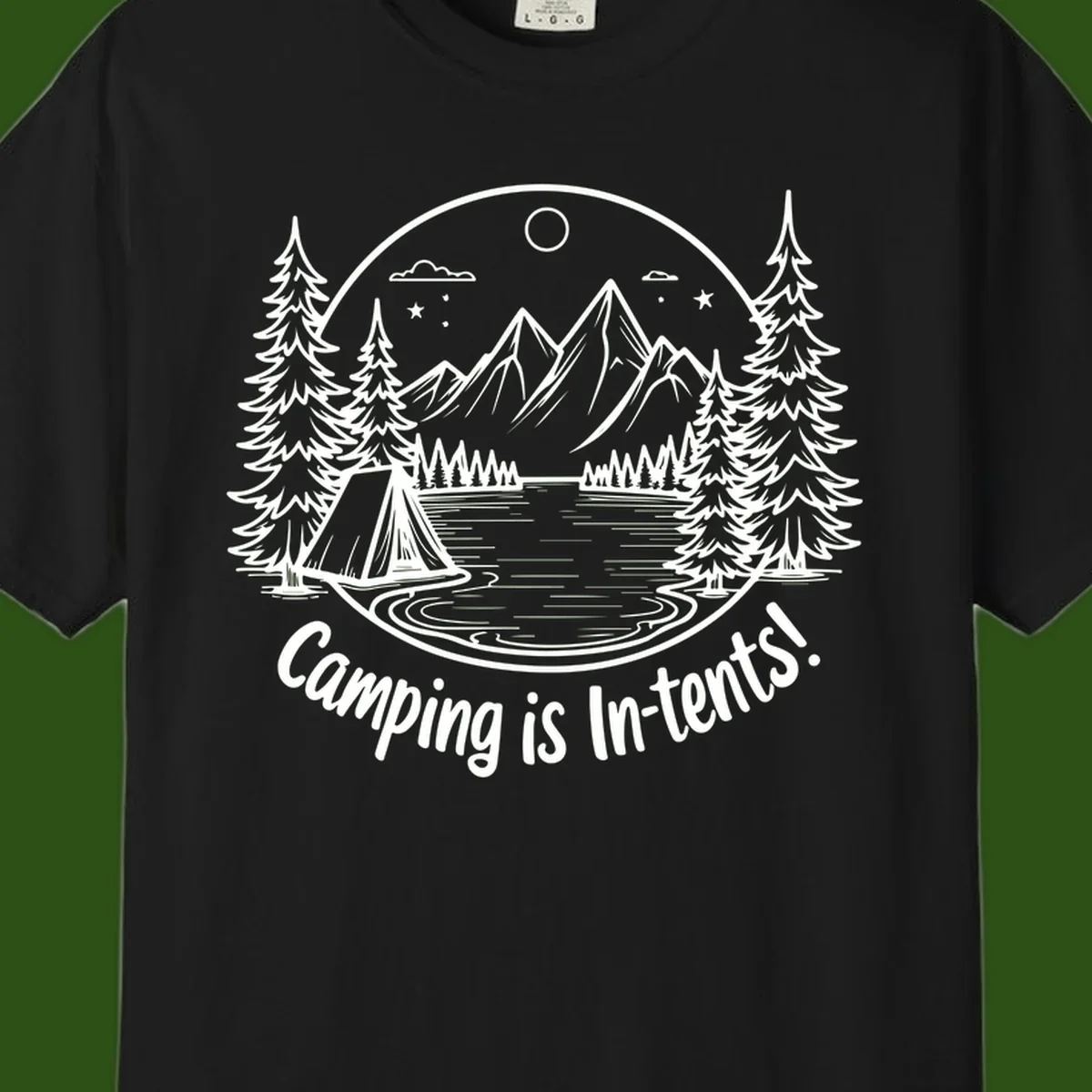 Camping is in-tents pun design: A circular badge with a tent by a lake surrounded by mountains, evergreens, and stars.