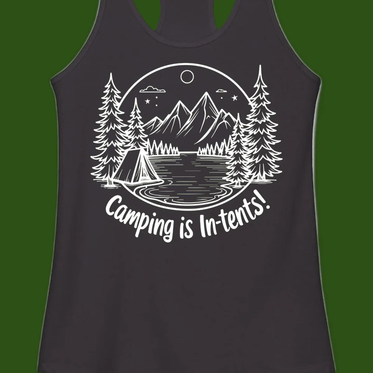 Camping is in-tents pun design: A circular badge with a tent by a lake surrounded by mountains, evergreens, and stars.