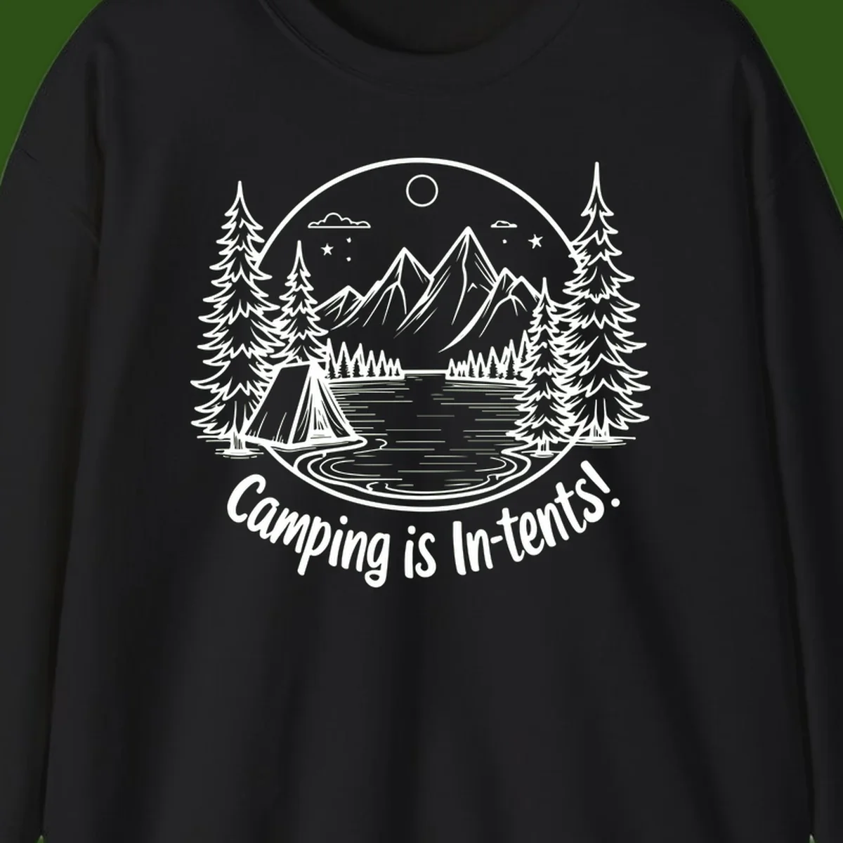 Camping is in-tents pun design: A circular badge with a tent by a lake surrounded by mountains, evergreens, and stars.