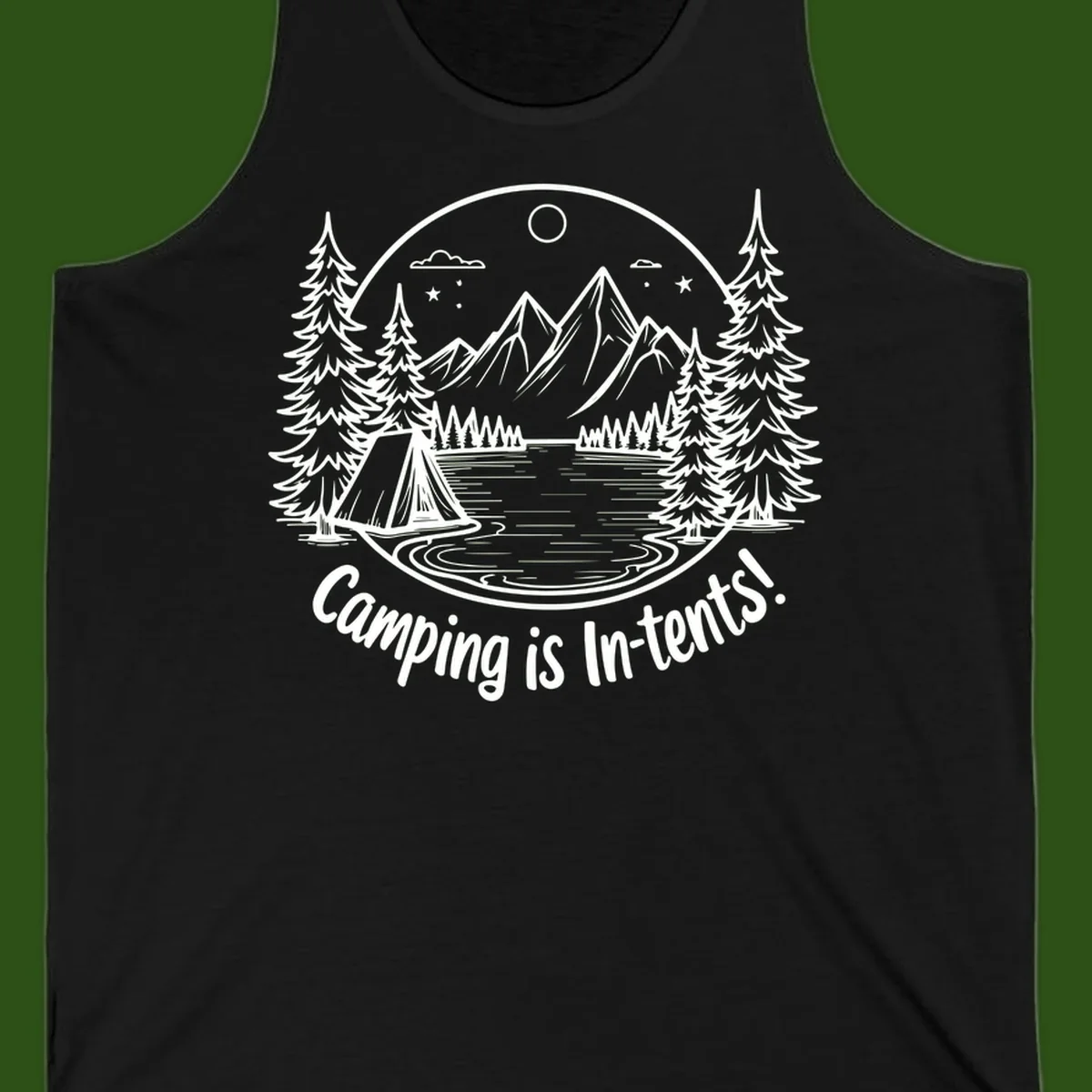 Camping is in-tents pun design: A circular badge with a tent by a lake surrounded by mountains, evergreens, and stars.