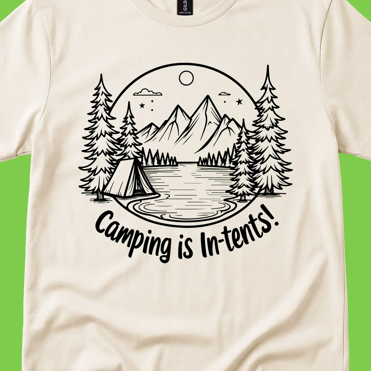 Camping is in-tents pun design: A circular badge with a tent by a lake surrounded by mountains, evergreens, and stars.