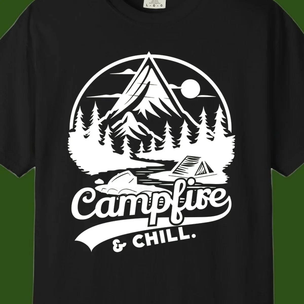 Circular mountain camping badge design featuring snow peak, forest, tent, and campfire with 'Campfire & Chill' text